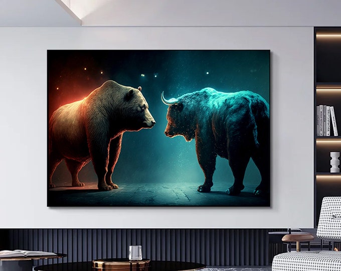 Bull and bear canvas wall decor, Bull and bear print art,