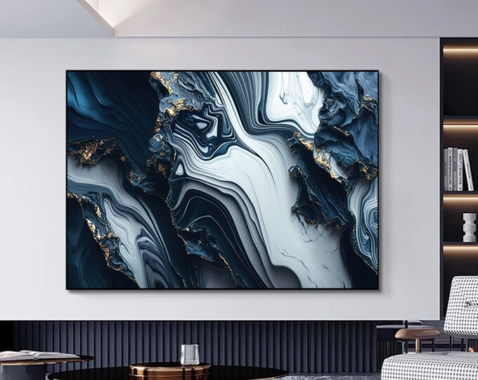 Luxury Marble Wall Decor, Navy Blue Wall Art, Abstract Marble Wall Art, Alcohol Ink Artwork, Gold Marble Art Canvas,