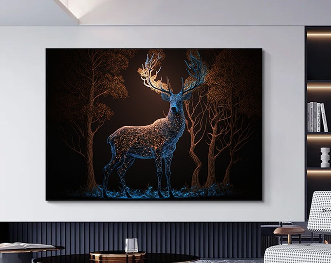 A magic festive reindeer covered with glowing lights.Deer wall art,Deer canvas painting,