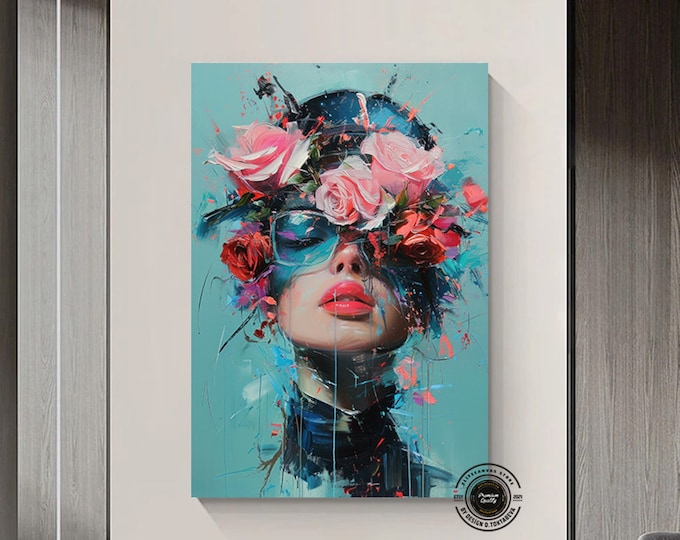 Flower head woman wall decor, Colorful flower head woman painting, picture of woman with flowers, ready to hang canvas painting