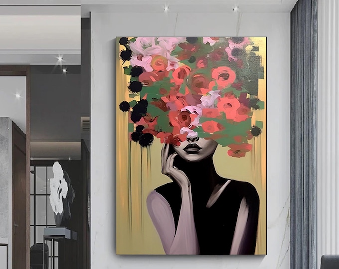 Woman with flower head canvas painting, roses and woman print, flower woman art, flowers and woman canvas wall art