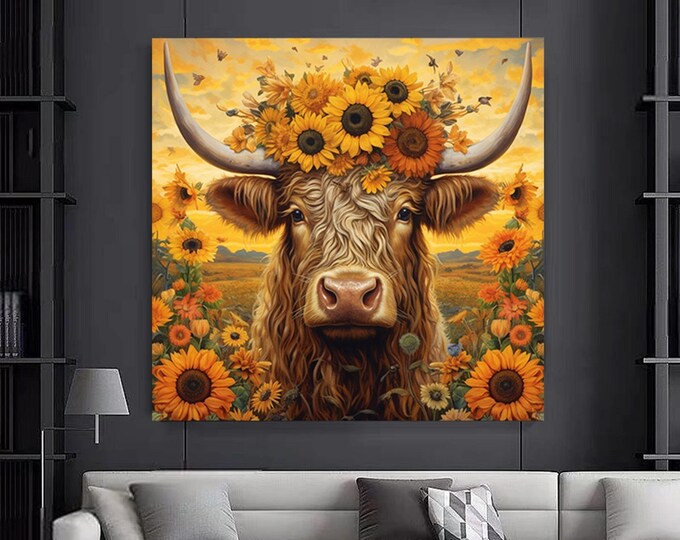 Canvas print of a cow with a sunflower on its head.Cow canvas wall art. Colorful cow art, colorful animal wall decor,