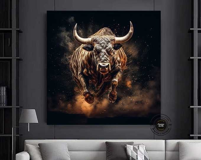 Bull Canvas Art - Gold & Black Charging Bull - Financial District Wall Decor for Home and Office