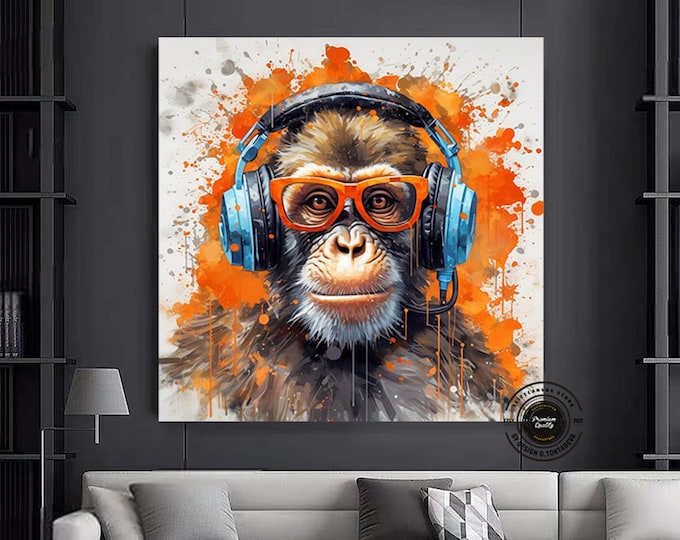 Dj Monkey Canvas Framed, Pop Art Canvas Painting, Pop Culture Wall Art, Monkey With Headphone Print, Pop Art Print Funny, Over The Bed Art