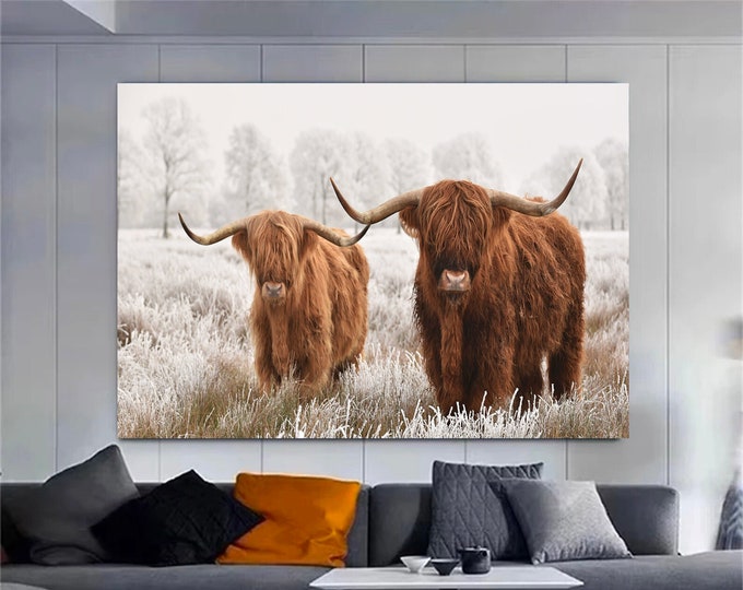 Highland cow canvas wall art Farmhouse decor Cow Black White print Rustic wall decor Animals painting Scottish cow canvas wall art