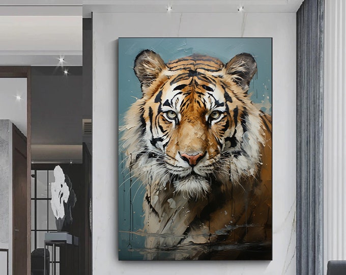 Fierce Tiger Canvas Wall Art, Colorful Vibrant Oil Painting Style, Bengal Big Cat Portrait Wildlife Art Print for Home and Office Decor