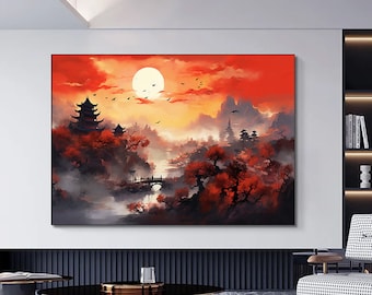 Chinese Temple Sunset Canvas Print, Mountain Landscape Wall Decor