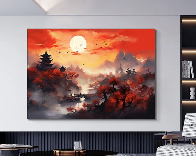 Chinese Landscape Home Decor, Minimalist Ink Prints, Temple And Mountains, sunset, Wall Decor, Decorative Gift