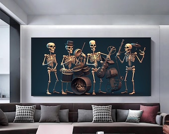 Wall art of skeleton playing music with drums, saxophone, violin and drumsticks.skeleton canvas painting