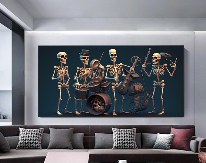 Wall art of skeleton playing music with drums, saxophone, violin and drumsticks.skeleton canvas painting