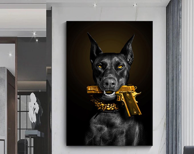 Doberman and gun canvas, dog in gun mouth painting, gun and dog print, wild dog art, ille