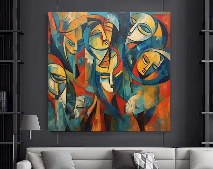 Surreal Colored Faces, Abstract Wall Decor, Trendy Poster, Contemporary Wall Art, Human Portrait Art Canvas, Abstract Face Artwork,
