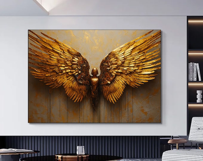 Golden angel wings wall decor,Golden angel canvas wall art,Angel wings painting canvas.