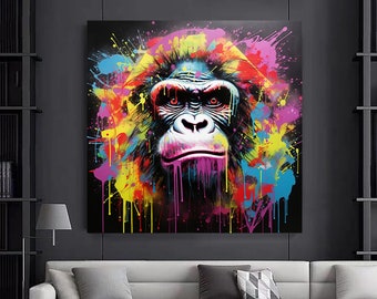Abstract Graffiti Gorilla Canvas Art, Colorful Chimp Picture