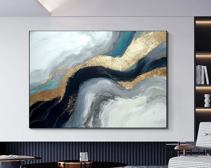 Luxury Marble Wall Decor, Navy Blue Wall Art, Abstract Marble Wall Art, Alcohol Ink Artwork, Gold Marble Art Canvas,
