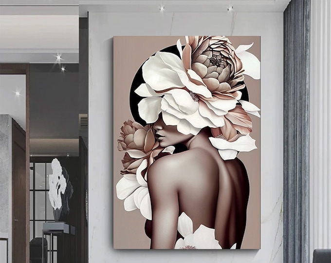 woman floral portrait, flower head woman canvas print, heavenly perfection, floral head woman print, woman fashion art, ready to hang