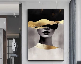 Woman Abstract Art Print, Beauty Gold Paint, Modern Wall Decor