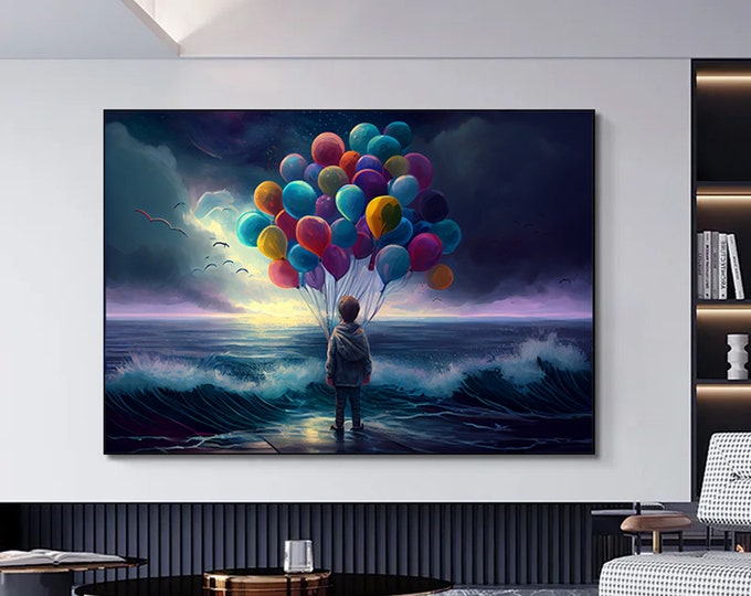 boy holding colorful balloons | Wall Art Inspired by Banksy | Digital Print on Canvas | Urban Decor | Graffiti Art | Street art