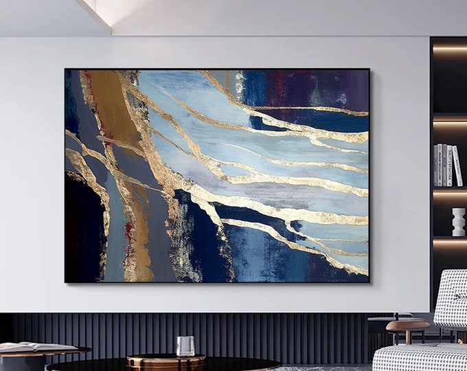 Luxury Marble Wall Decor, Navy Blue Wall Art, Abstract Marble Wall Art, Alcohol Ink Artwork, Gold Marble Art Canvas,