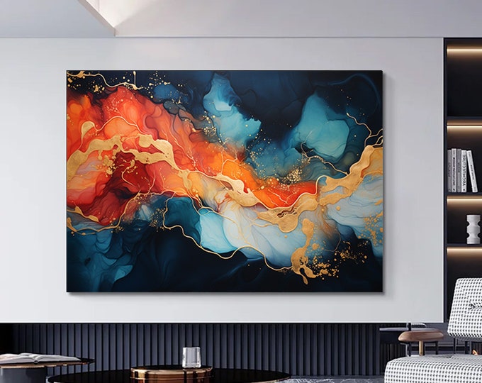 Luxury Marble Wall Decor,   gold and blue colors  Wall Art, Abstract Marble Wall Art, Alcohol Ink Artwork, Gold Marble Art Canvas,
