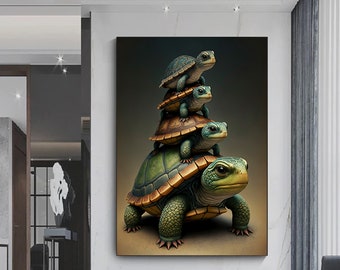 Turtle and cubs canvas print,Colorful turtles animal art,Canvas wall art,