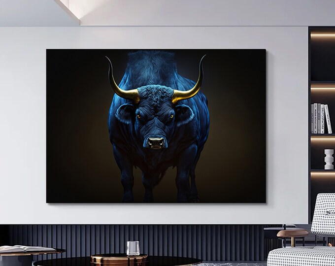 Bull Canvas Art - Gold & Black Bull - Financial District Wall Decor for Home and Office