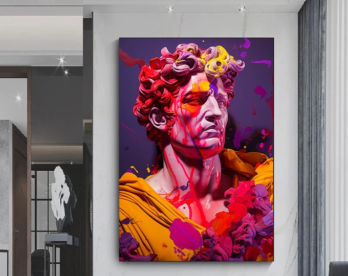 Graffiti painting of bust of David, realistic hyper detailed portrait urban art canvas wall art in Pichiavo style