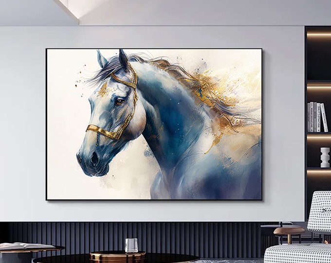 Watercolor canvas wall art of a blue and gold horse on a horse, Horse canvas print.