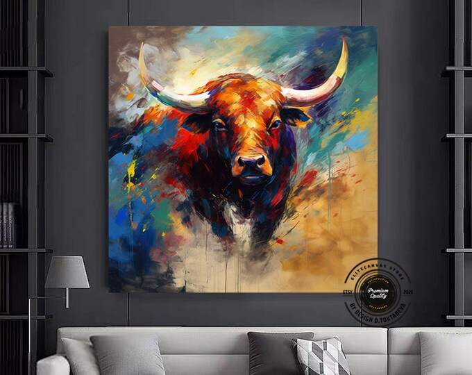 Bull canvas painting,Colorful bull,Bull painting art,Bull wall decor,Highland cow,Bull Abstract Canvas,Animal Painting,Big bull art