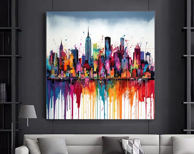 Colorful City Painting Canvas Painting Modern Abstract City Art Wall Art View Canvas Wall Decor.