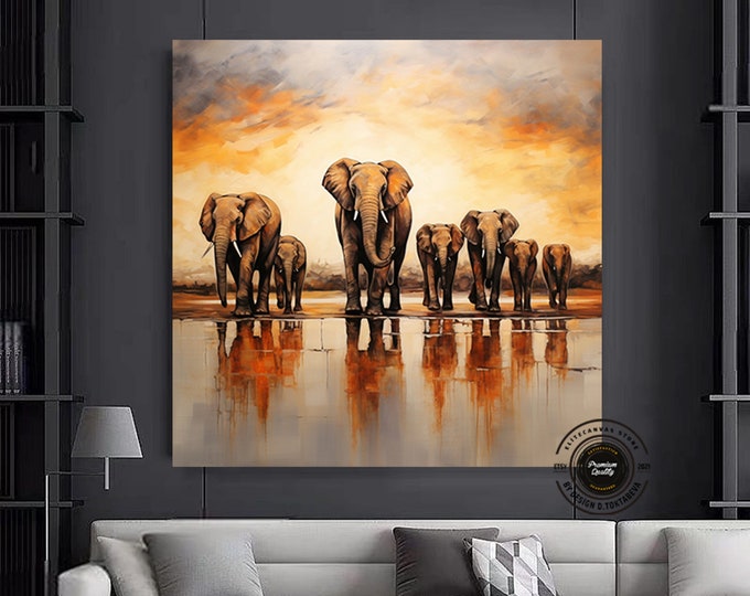 Elephant Family Canvas Art, African Elephant Wall Art, Abstract Painting Extra Large,Elephant Wall Decor Living Room,
