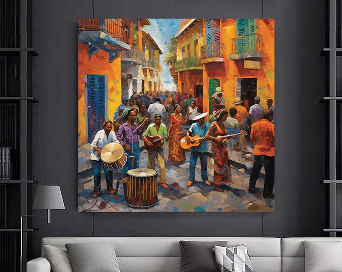 A group of people playing instruments in a street environment wall canvas painting,Canvas art painting.