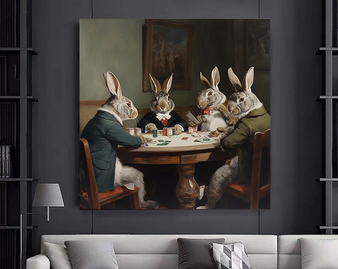 Vintage Rabbits Playing Poker, Rabbits Playing Poker in Suits canvas wall art. Poker wall decor. Poster wall print
