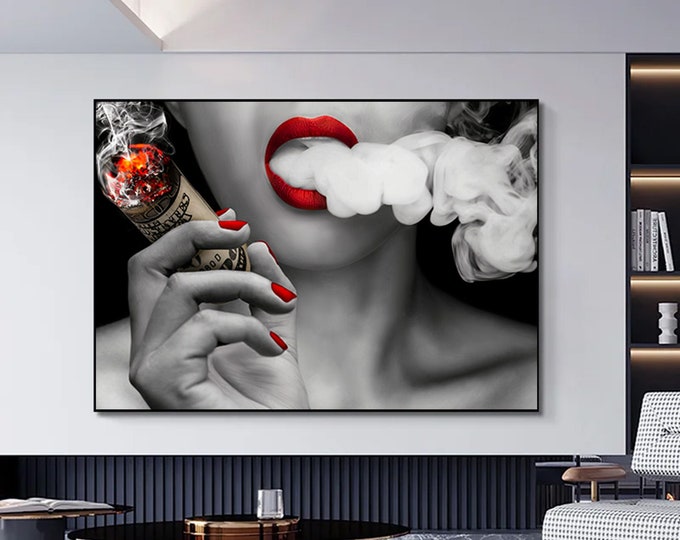woman smoking with dollar canvas painting, dollar and woman canvas print, woman wall art, cigarette and woman print