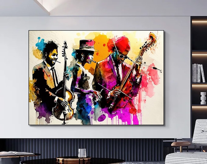 Jazz musician watercolor canvas wall art, canvas painting, jazz band canvas painting, modern home decor ready to hang