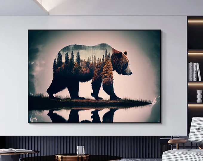 Bear canvas wall art, tree landscape canvas painting , brown bear canvas painting, modern home decor ready to hang canvas painting