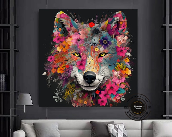 White wolf portrait canvas print with flower crown, Colorful Wolf Art, Wild Wolf Flowers canvas wall decor.
