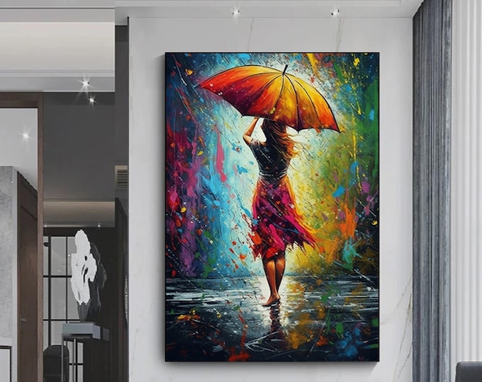 Abstract art of woman holding umbrella.Colorful canvas print.Woman wall art.