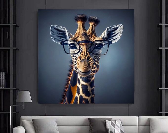 WITH EYEGLASSES cute giraffe wall art, giraffe wall ART decor. Colorful animal canvas painting.