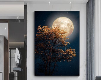 Full Moon Canvas Art Print, Night Sky Tree Blossom