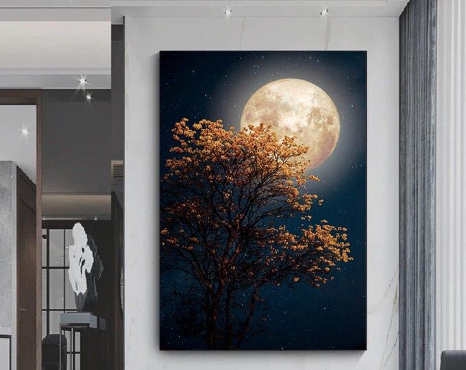 beautiful tree yellow flower blossom star full moon in night sky with milky way canvas art