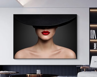 Woman in Hat Canvas Print, Modern Portrait Silhouette Wall Art