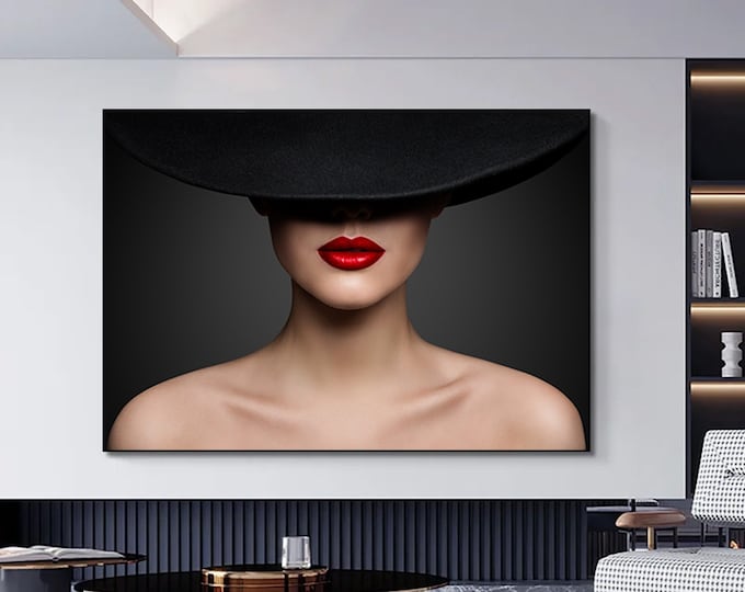 Woman in hat canvas, woman portrait painting, woman silhouette canvas print, woman home decor, woman wall art