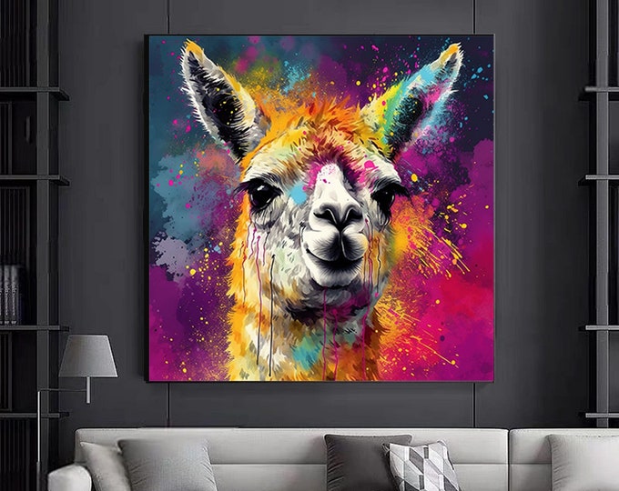 Colorful  Llama canvas wall art, Llama canvas Decor, llama animal art.