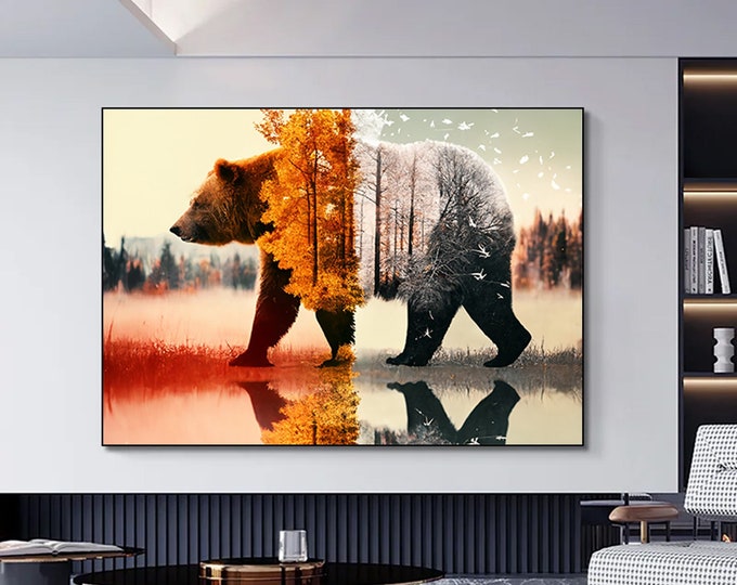 Bear canvas wall art, tree landscape canvas painting , brown bear canvas painting, modern home decor ready to hang canvas painting
