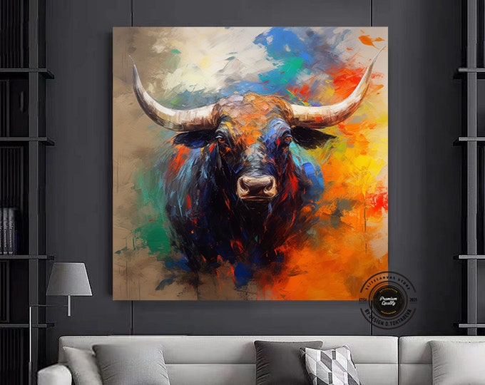 Bull canvas painting,Colorful bull,Bull painting art,Bull wall decor,Highland cow,Bull Abstract Canvas,Animal Painting,Big bull art