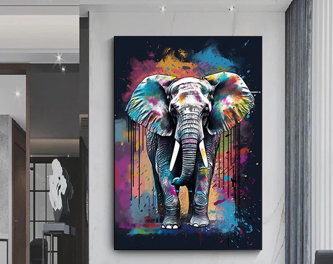 Abstract multicolored elephant wall art poster, elephant graffiti wall art, colorful elephant decor