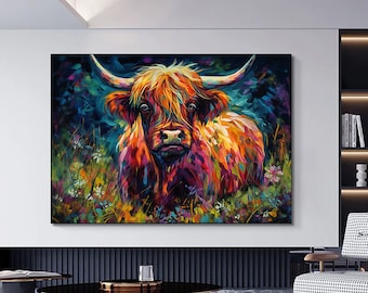 Highland Cow Canvas Wall Art, Colourful Scottish Cattle Print