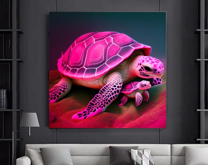 CANVAS ART - Beautiful and Colorful Tortoise and cub Wildlife Modern Painting Abstract Canvas Wall Art Print Home/Office Room Decor Gift