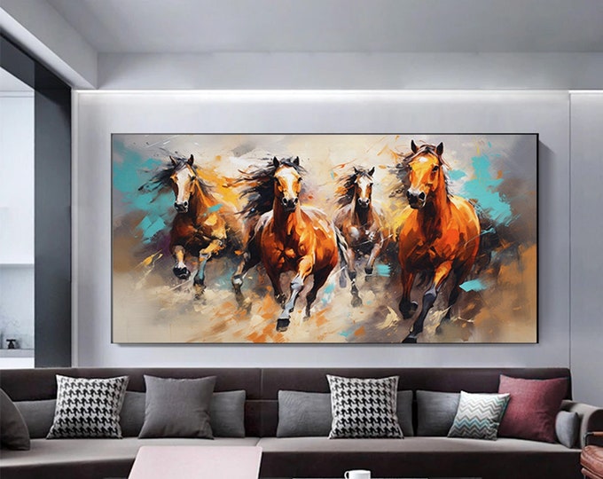 Extra Large Modern Abstract art geometry gold element animals running horses abstract canvas wall art.Horse wall canvas print painting.